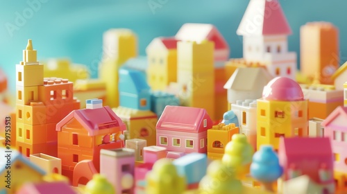  3D render mini town illustration 16K cute landscape aspect ratio 2 1 pastel color  happy color  for kids banner  kids event