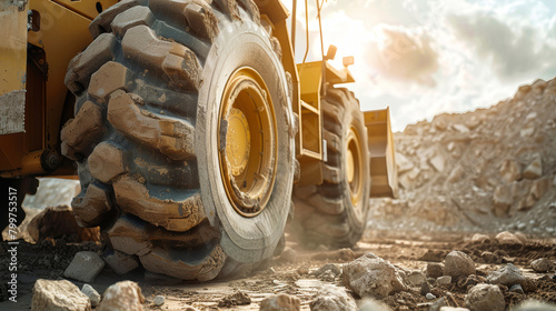 A monstrous truck navigates rough terrain as it rumbles down a rocky road on a construction site