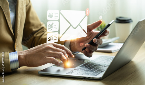 Email marketing concept, Business people use email to promote products or services. online marketing strategy that reach target customers, email newsletter, checking message box, information online.