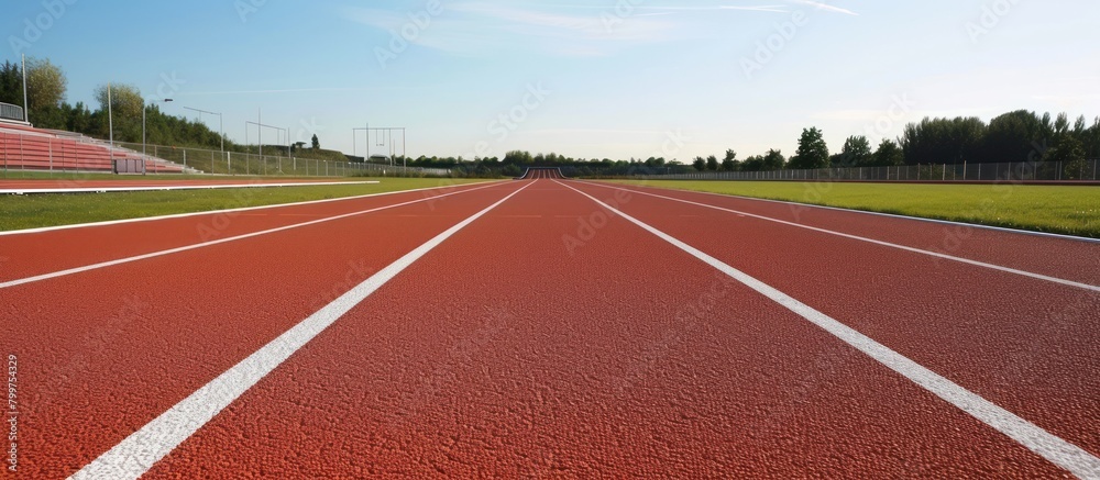 A photo of an empty red running track with white lines, a green grass field on the sides and a blue sky in the background.
