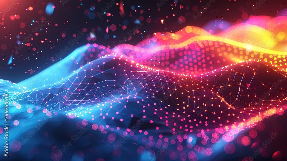 Futuristic Numbers, 3D Neon Geometry in White, Blue, Yellow, and Red, Motion Networks in Cyberspace, Technological Universe Design