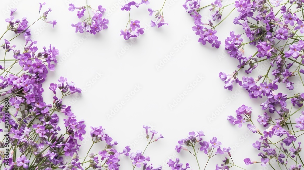 Purple color flowers on white background with copy space. AI generated