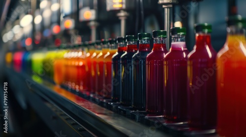 Colorful bottles filled with juice and fresh fruit