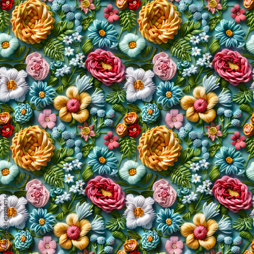 Floral embroidery from knitting wool, yarn, seamless pattern.