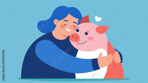 A therapy pig snuggling up to a person struggling with depression lifting their spirits and providing a source of joy and laughter.. Vector illustration