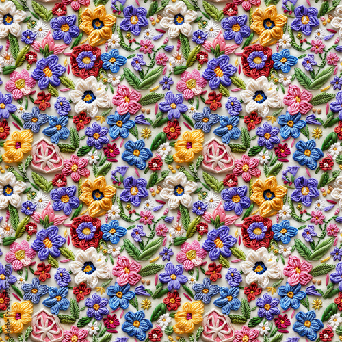Floral embroidery from knitting wool, yarn, seamless pattern. © mouse
