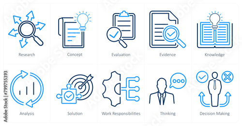 A set of 10 critical thinking icons as research, evaluation, evidence