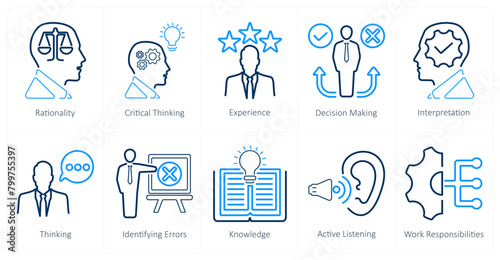 A set of 10 critical thinking icons as rationality, critical thinking, experience
