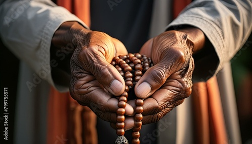A Person holding a rosary in their hands, engaged in prayer or meditation.
