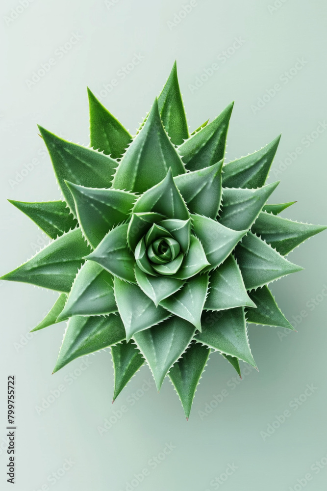 A minimalist close-up view of the spiral pattern of an aloe plant, with its concentric arrangement of leaves radiating from the center and creating a captivating minimalist composition 
