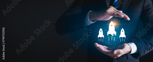 Startup business concept, Rocket icon for fast start up business. Strategic planning and business success. copy space