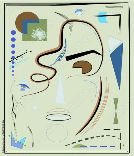 A variety of abstract shapes and lines are arranged in a seemingly random fashion against a pale background.abstract face expressionism art style