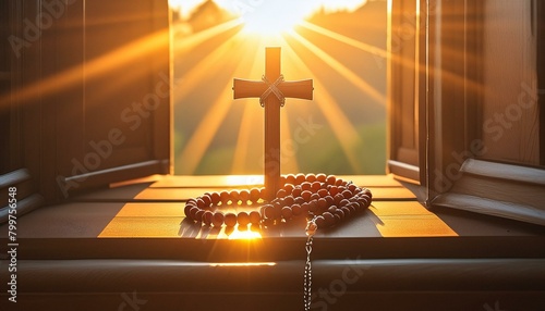 a rosary bathed in sunlight streaming through a window, evoking feelings of warmth and divine presence.