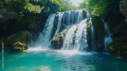 A large waterfall cascades down into the middle of a body of water  creating a powerful and dynamic scene. The force of the water creates splashes and ripples in the lake below.