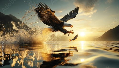 Bald eagle in flight, clutching a fish from the water with a spray, against a backdrop of a glowing sunset and mountain landscape