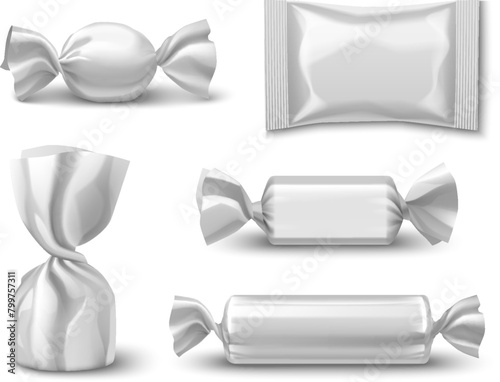 3d sweet chocolate candy wrapper package mockup. Blank white realistic twist pack wrap for bar, bonbon, biscuit or caramel confectionery merchandise design set. Foil paper sugar snack bag illustration