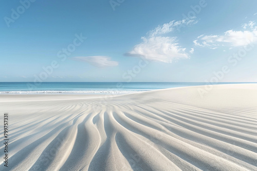 A minimalist beach scene featuring the linear patterns of receding tide lines in the sand, with their smooth curves and subtle variations in tone creating a serene and harmonious composition