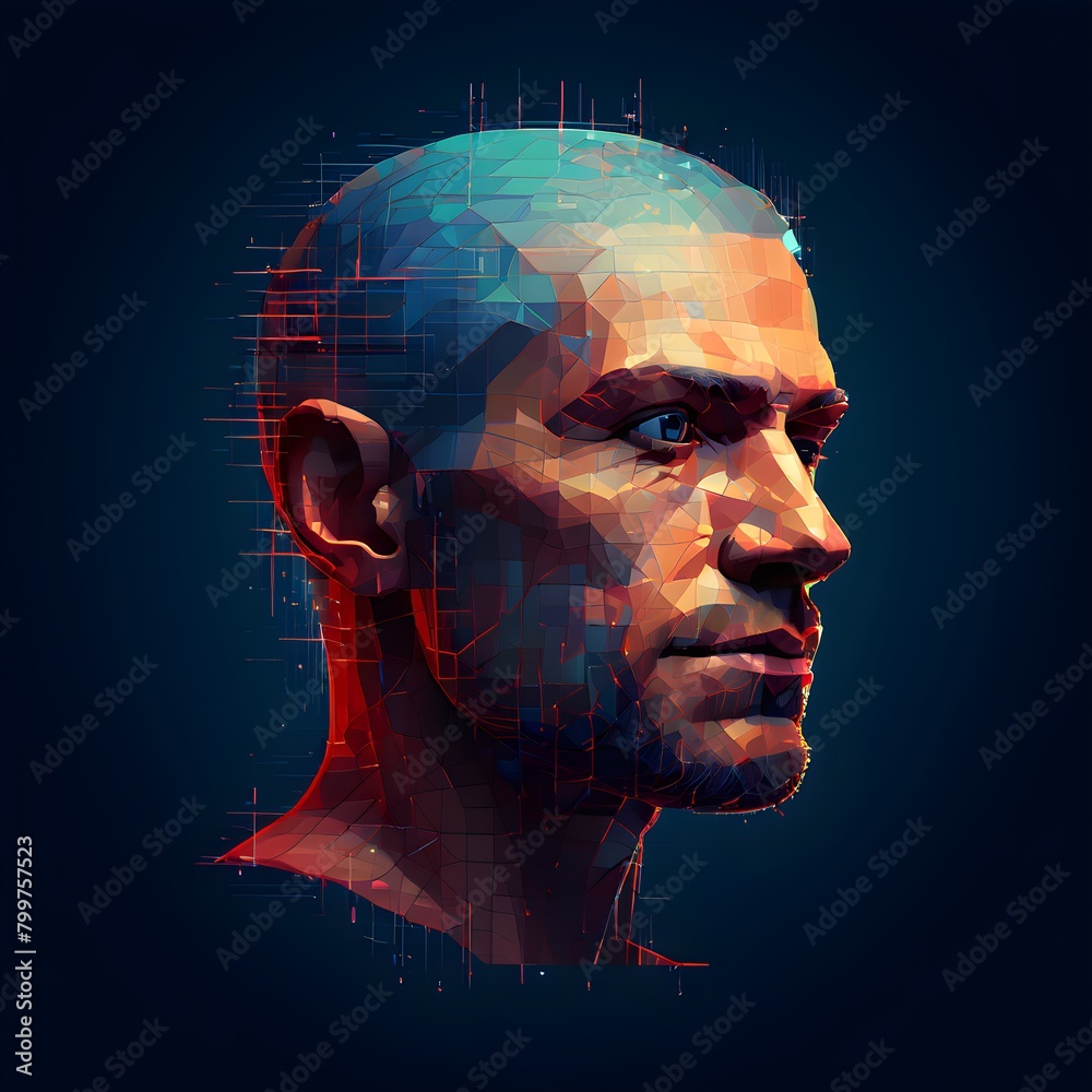 Obraz premium human head digitalised in pixel art style presenting a mosaic of vibrant hues in neon glow