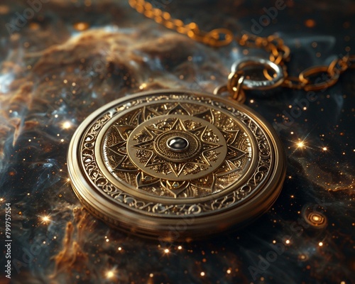 Destiny keychain, intricate engravings, infused with power, placed on a cosmic altar, surrounded by swirling galaxies, 3D render, backlighting effect