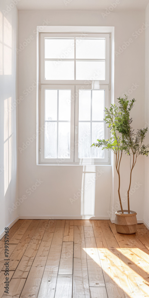 Fototapeta premium Minimalist interiors design composition with natural lighting coming from a window.