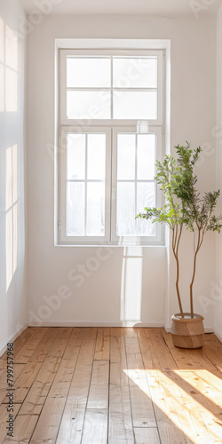 Minimalist interiors design composition with natural lighting coming from a window.