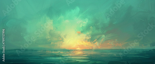 A serene teal-colored sunrise pnting the sky with soft hues, evoking a sense of tranquility and renewal. photo