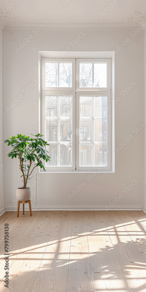 Fototapeta premium Minimalist interiors design composition with natural lighting coming from a window.