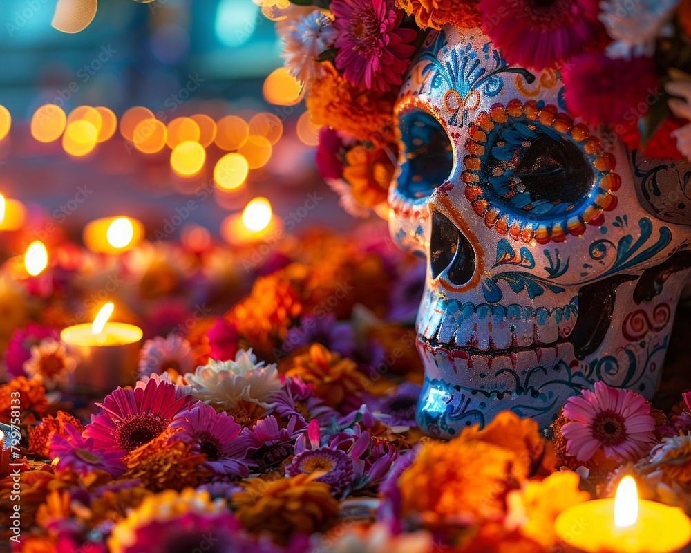 Dia de los Muertos Skeleton, Traditional Sugar Skulls, Honoring Ancestors, Vibrant Altar Display, Candlelit Cemetery, Photography, Backlights, Vignette Dia de los Muertos Skeleton, Traditional Sugar Skulls, Honoring Ancestors, Vibrant Altar Display, Candlelit Cemetery, Photography, Backlights, Vignette