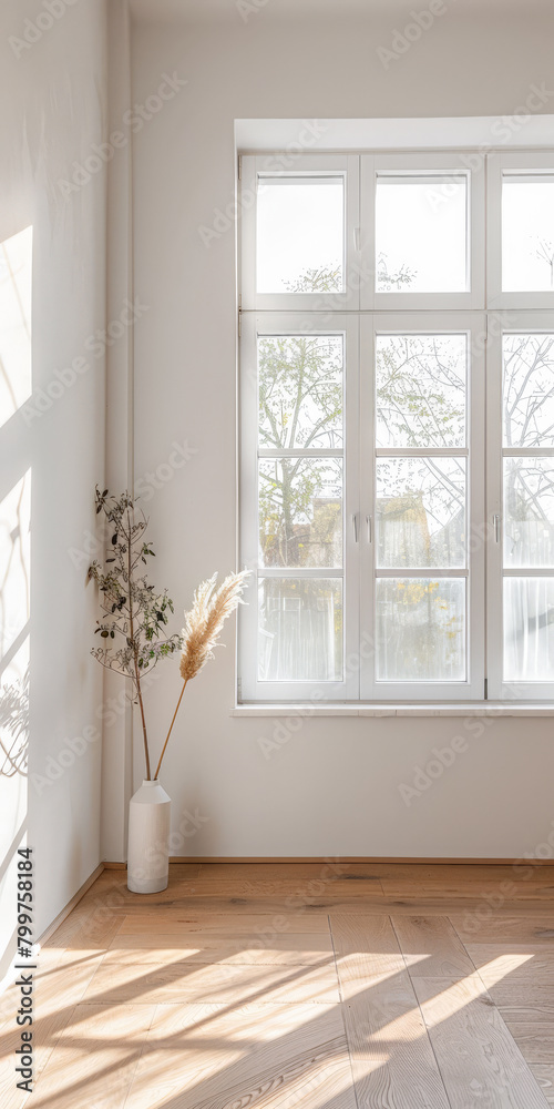 Fototapeta premium Minimalist interiors design composition with natural lighting coming from a window.
