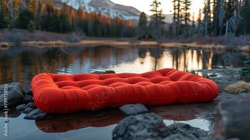 An orange air mattress floating on a lake with a beautiful mountain landscape in the background. photo