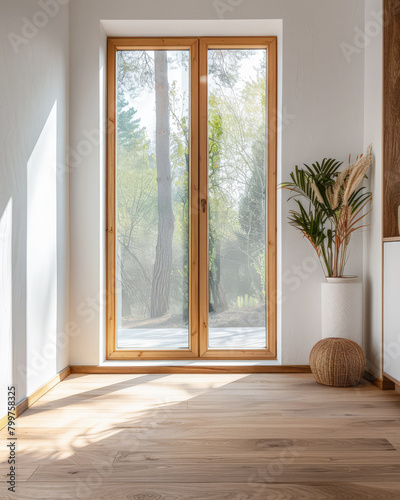 Minimalist interiors design composition with natural lighting coming from a window.