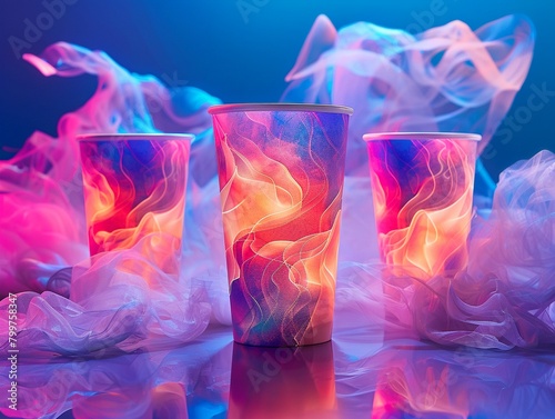 Design an eye-catching ad showcasing cups that change color and pattern based on the drinkers mood, evoking a sense of magic and wonder Blend vibrant colors and dynamic patterns photo