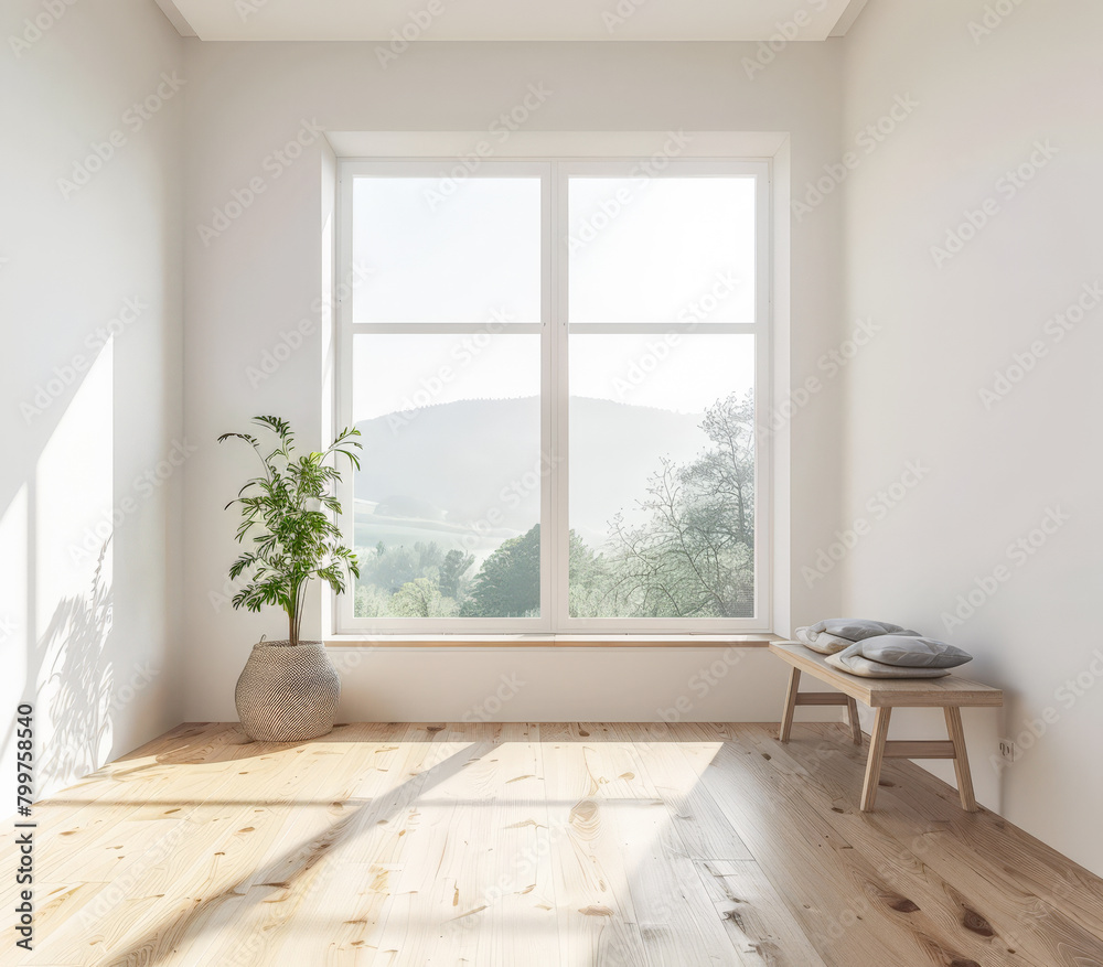 Fototapeta premium Minimalist interiors design composition with natural lighting coming from a window.