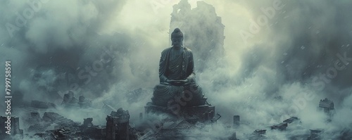 Ethereal guardian, guardian statue, standing in ruins of forgotten city, amidst swirling mist, depicted in a photography style with backlighting photo