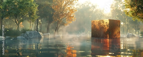 Enigmatic Box, adorned with intricate symbols, floating in a serene lake, leaving viewers questioning its purpose and contents 3D render, Golden hour, HDR