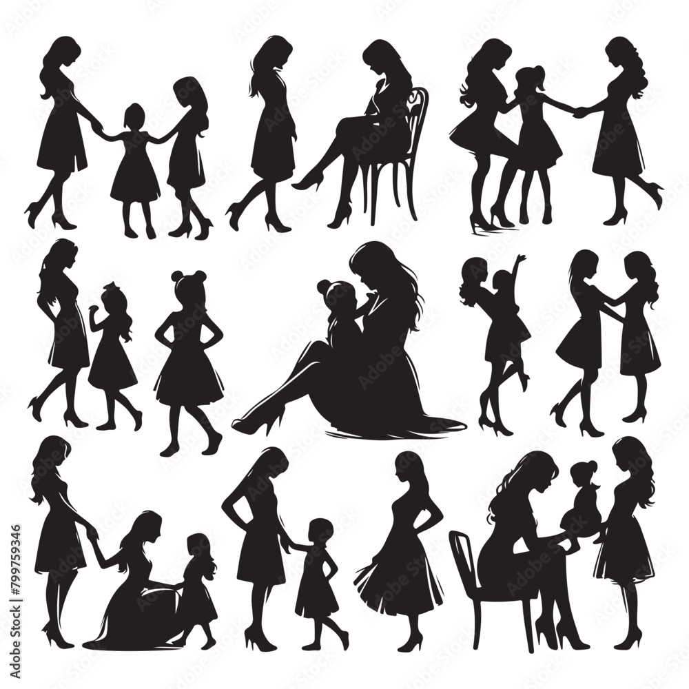 Fototapeta premium Silhouette set of mother and daughter