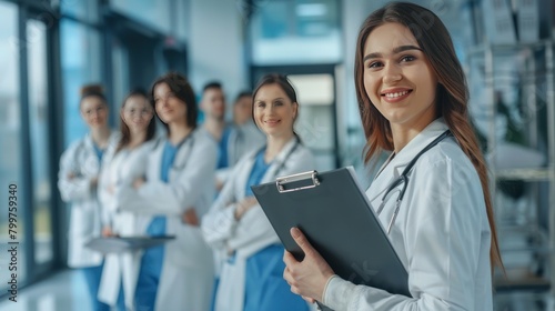 close up Smiling female doctor holding clipboard in her hand while standing in hospital lobby room
