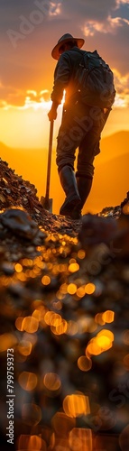 Gold Miner, Pickaxe, Westward Expansion, Shaping landscapes with ambition and greed, A reminder of the rush for fortune, Photography, Golden Hour, Depth of Field Bokeh Effect photo