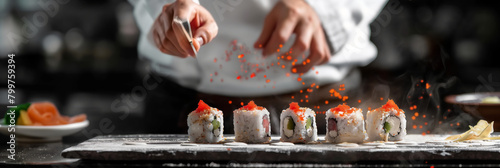 A chef in a professional kitchen carefully garnishes freshly rolled sushi, emphasising the art of Japanese cuisine