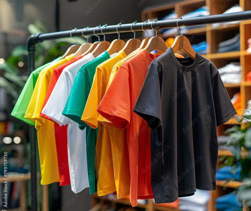 A collection colorful t-shirts on hang for sale in shop. Multicolored T shirts summer top on a wooden clothes hanger in clothing rack over