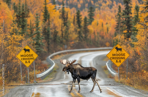 A moose crossing the road near a 