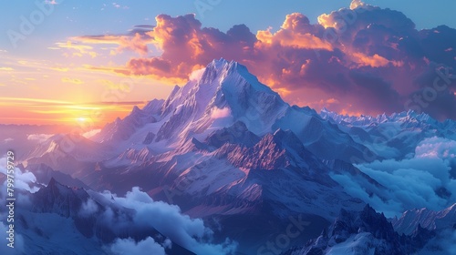 A majestic mountain range during sunset, the sky painted with colors, left side reserved as copy space for YouTube thumbnails.