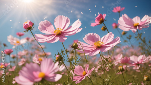 A field of pink and white flowers with a blue sky and white clouds