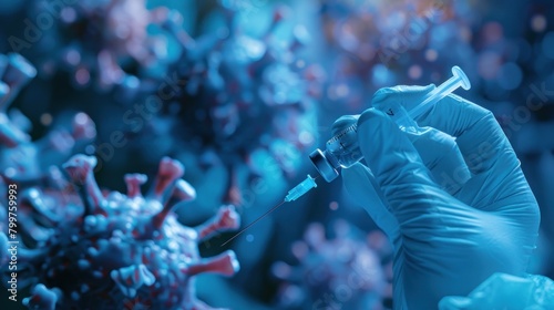 The power of science against COVID-19 Virus. Hand of doctor use a needle syringe to take a shot from vaccine vial. photo