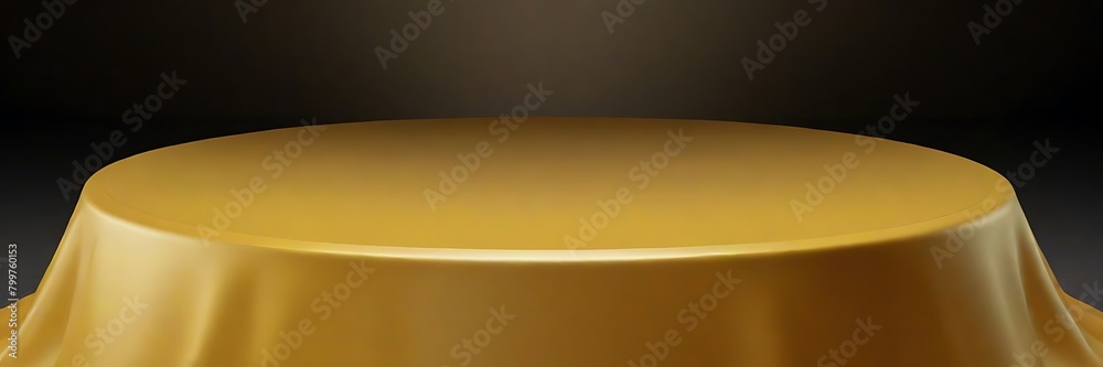Golden luxurious fabric or cloth placed on top pedestal or blank podium shelf on gold background 