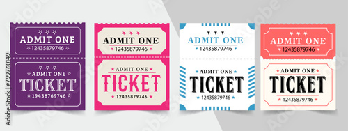 Ticket design template. Ticket for event or program access. Collection of colorful tickets with place for text