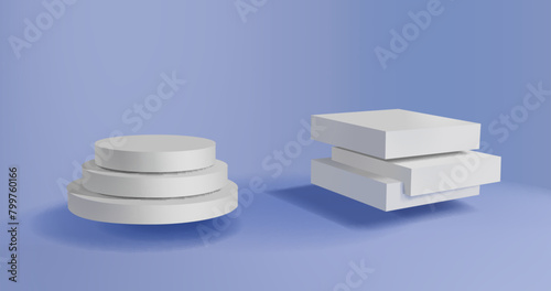 3D podium stairs background. Realistic Round and square empty stages. Pedestal, stand stage set on blue background Abstract composition in minimal design. Platforms stage showcase.