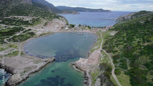 datca knidos ancient city aerial drone video blue sea cloudy sky photo