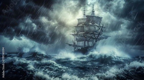 Vintage Wooden Sailing Vessel Facing Tumultuous Storm at Sea with Heavy Downpour and Swirling Gray Clouds