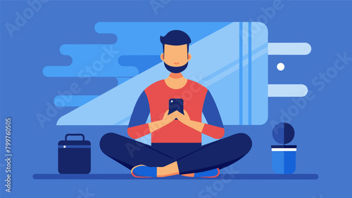 A man on his daily commute using a mindfulness app to practice deep breathing and reduce stress..